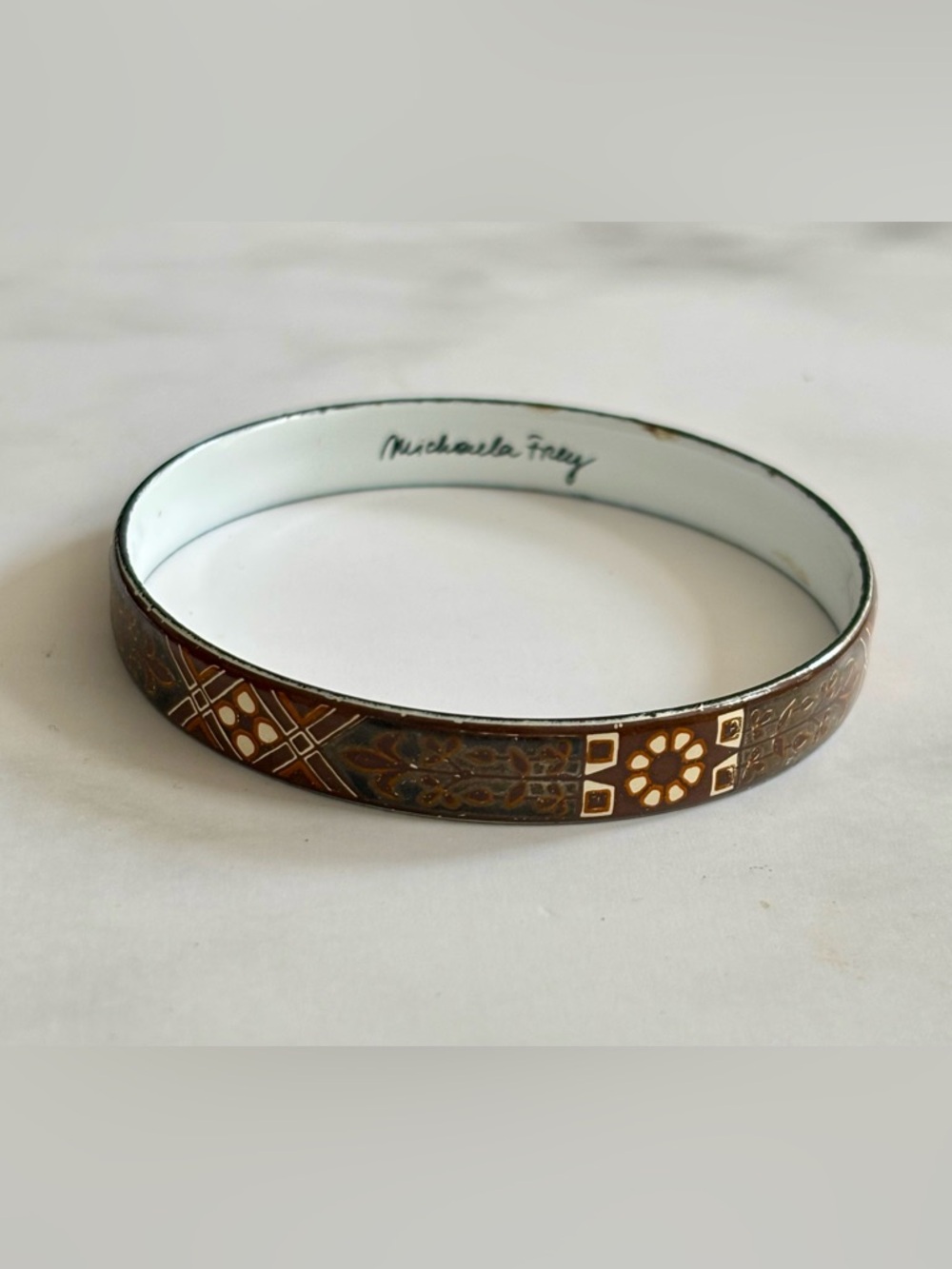 Michaela Frey Brown and Gold Enamel Patterned Bangle